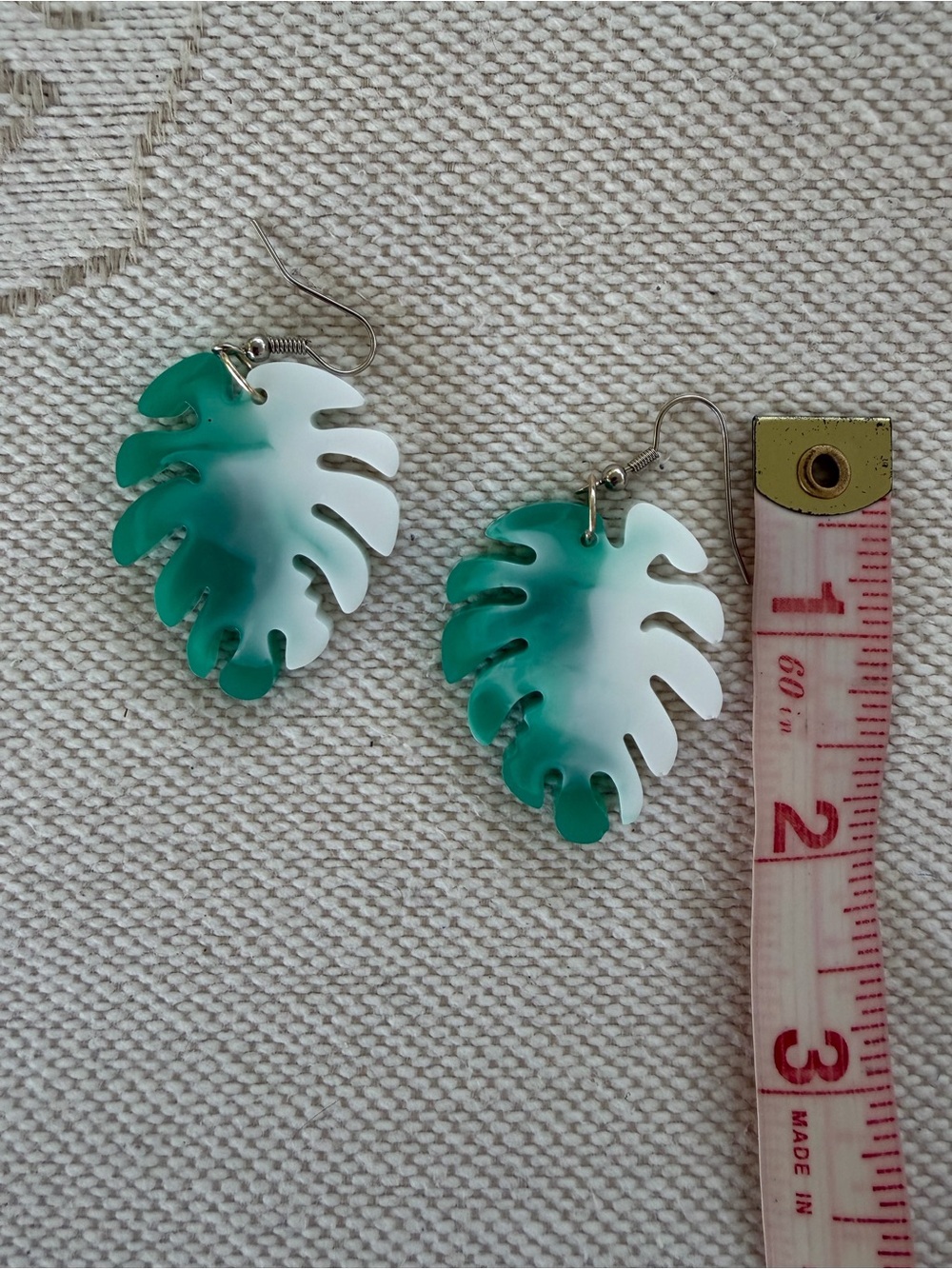 Handmade Green & White Monstera Leaf Drop Earrings - Women Jewelry